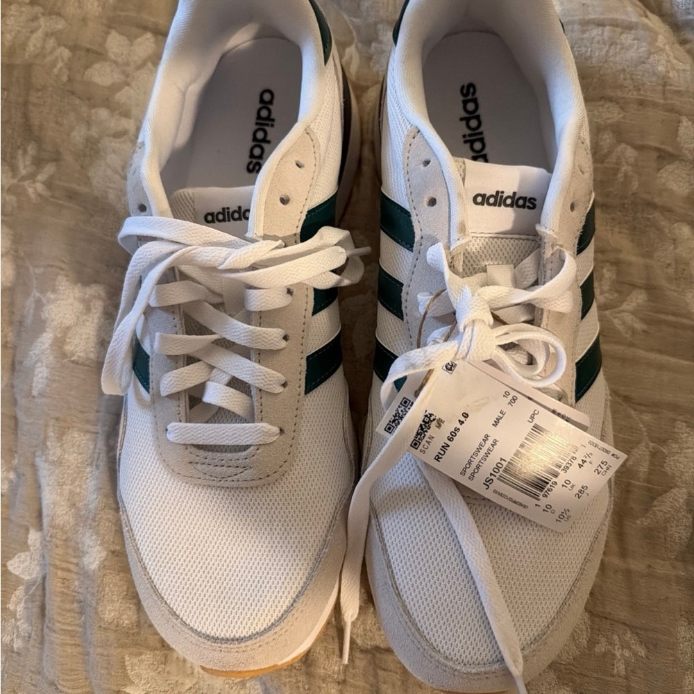adidas White Trainers with Green Stripes